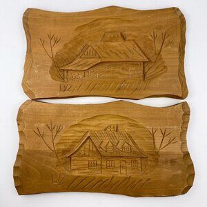 Pair wooden carved wall hangings, vintage MCM rustic plaques, cabin farmhouse